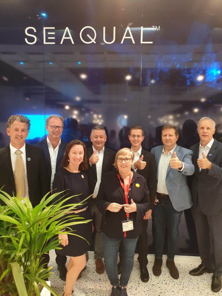 BekaertDeslee and Mark Hartnell and Michel Chtepa from SEAQUAL INITIATIVE at BekaertDeslee's stand at Interzum Cologne in May 2019